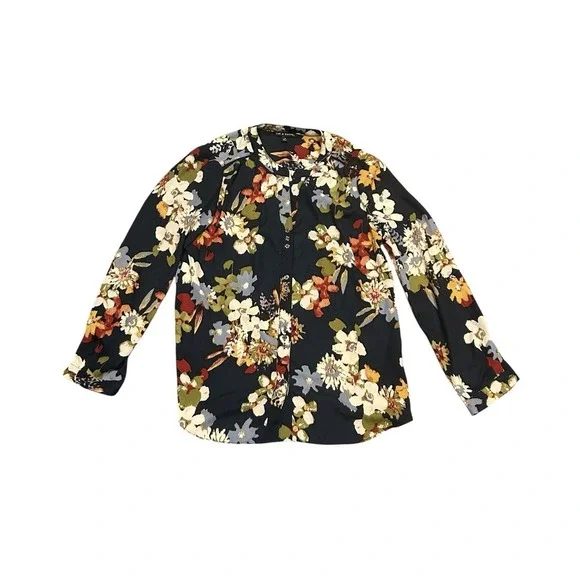 Zac & Rachel Shirt Top M Navy Blue White Green Floral Open Neck Button Dn 3/4 Sl - Picture 2 of 5